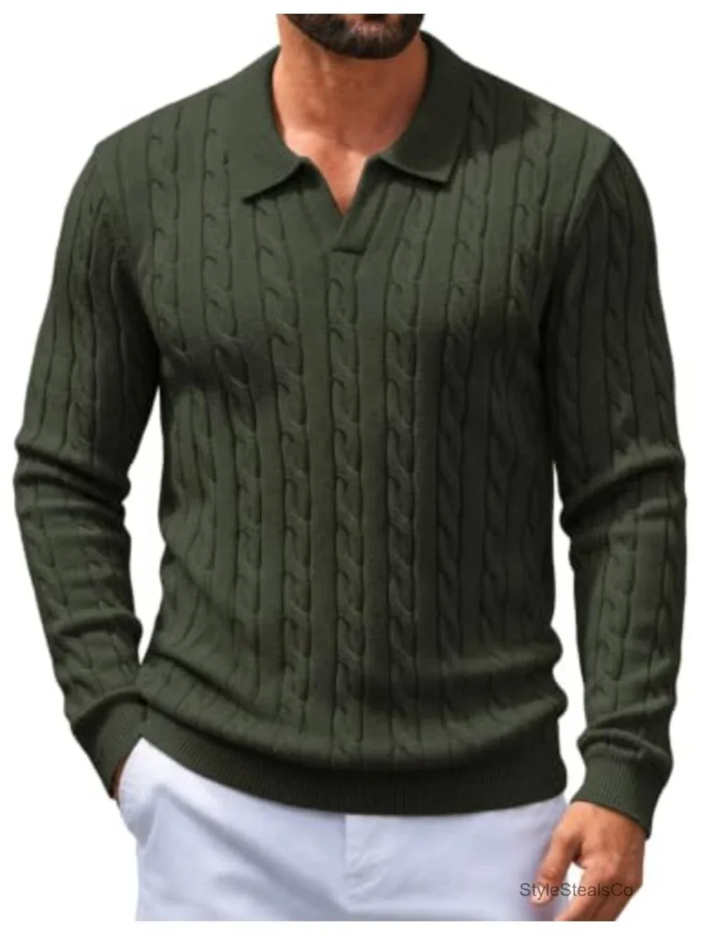 Men's Cable Knit Long Sleeve V-Neck Polo Sweater Regular Fit Pullover